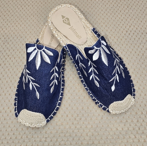 Jolimall Women Slip on Denim  Woven Embroidered Flat Slides Size 8 Blue - Picture 9 of 9